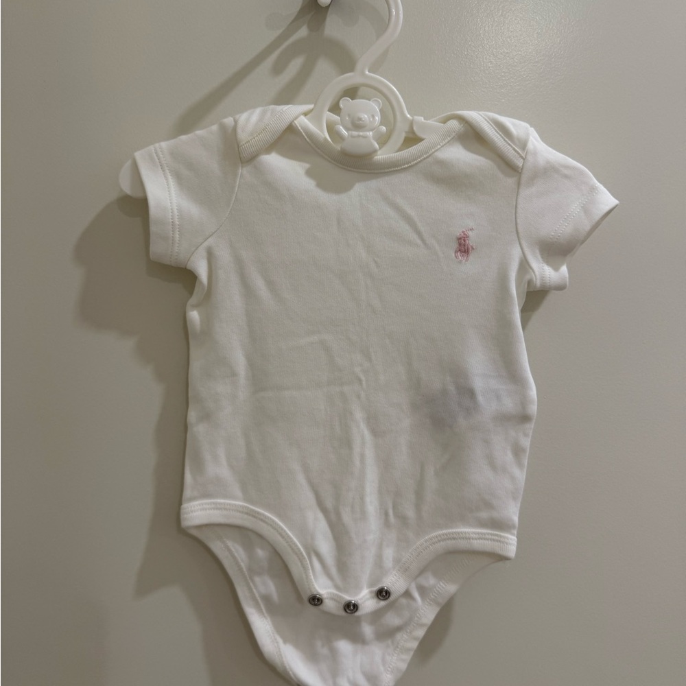 Ralph Lauren White Baby Onesie with Pink Pony Embroidery